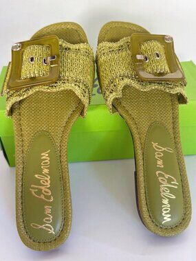Sam Edelman Bambi Green Raffia Sandals Women Buckle Slides Size 8